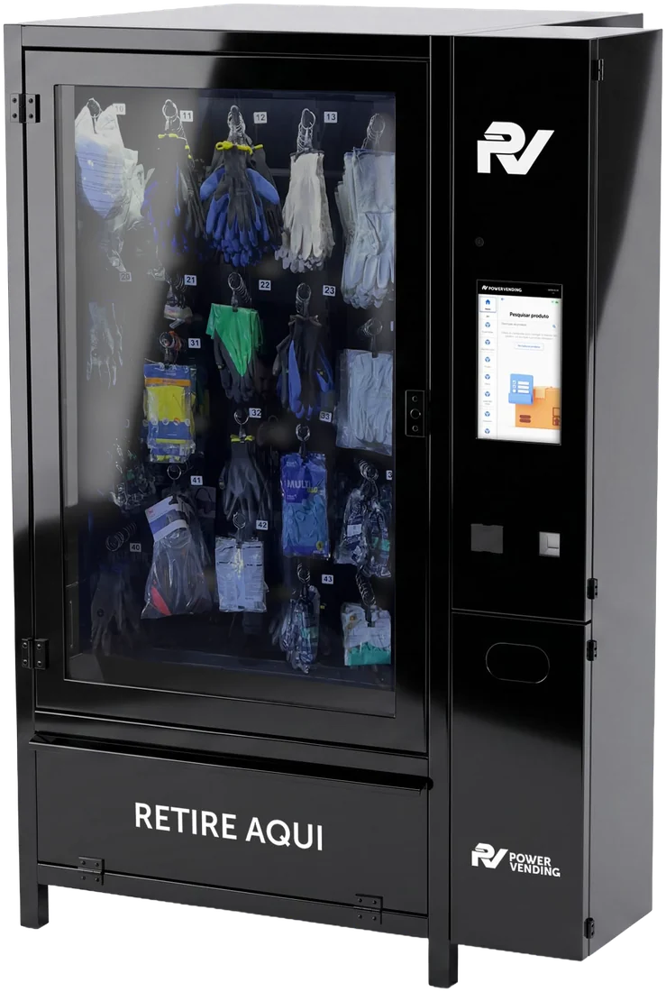 Máquina Storage da Power Vending abastecida com luvas, óculos e outros EPIs e materiais