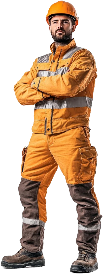 Operador de uniforme laranja e capacete, de braços cruzados, ao lado da máquina