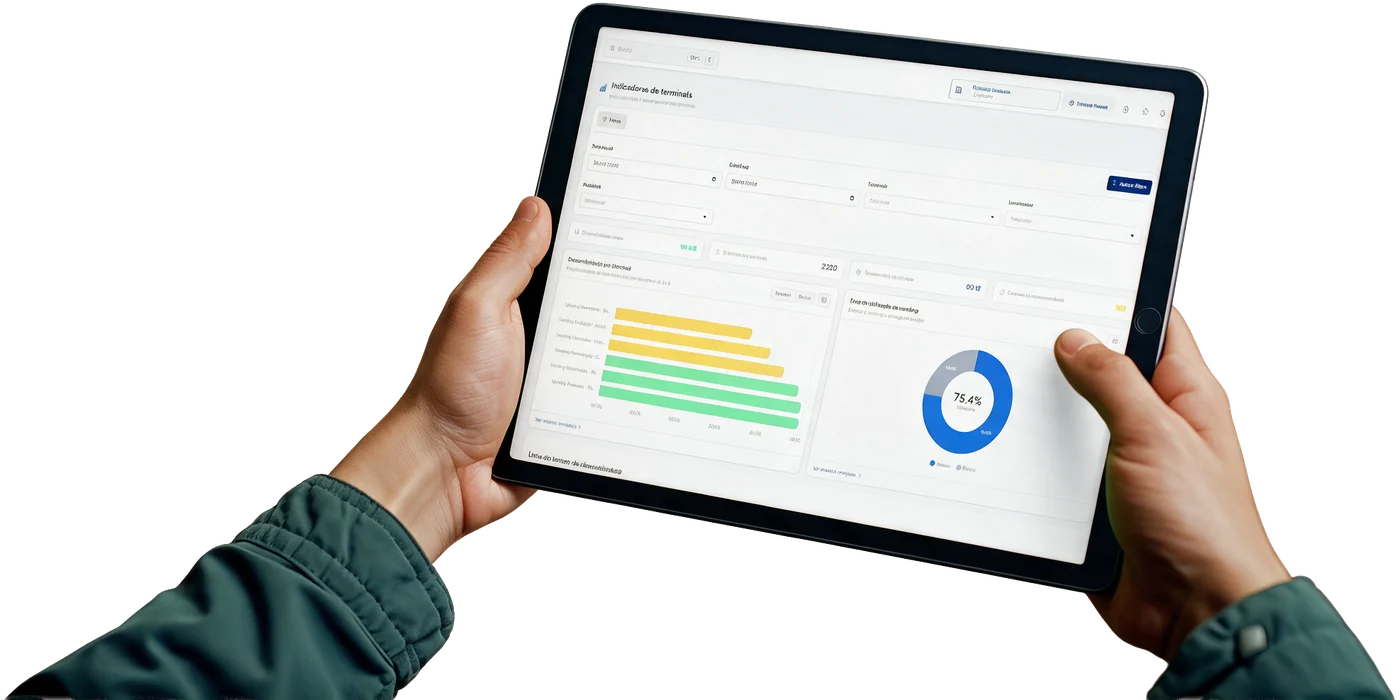 Mãos segurando um tablet com o painel de indicadores do ERPV